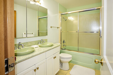 bright and clean bathroom with double sinks and light green accents