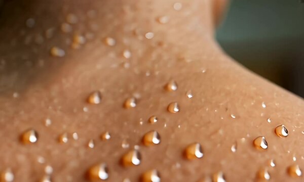Sweaty neck closeup. Water droplets glisten on skin, suggesting heat or physical exertion. Blurred background