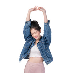 Asian office woman stretching arms and smiling with eyes closed isolated on a transparent background, young happy business employee relaxing during work break, healthy lifestyle and workplace wellness