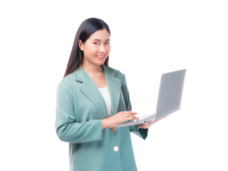 A confident young businesswoman with long dark hair, wearing a teal blazer, holding and using a laptop isolated on a transparent background
