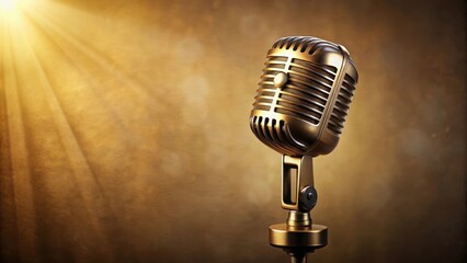 Vintage style microphone with ornate details on a warm beige background, illuminated by soft golden light, old school sound, golden lighting