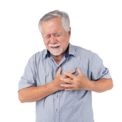 Senior man suffering from chest pain heart attack isolated on a transparent background, elderly...
