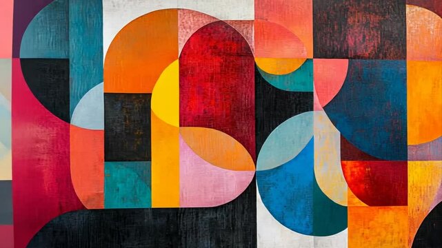 Dynamic interplay of geometric shapes an abstract mosaic of translucent circles and square segments forming a vivid modern composition