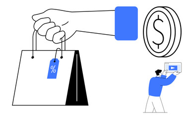 Hand holding a shopping bag with a discount tag, coin icon, and man using a digital device. Ideal for e-commerce, retail, discount, marketing, payment, shopping simple landing page