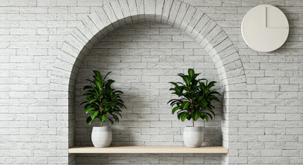 two potted plants with vibrant green leaves on a light wooden shelf against a white brick wall