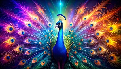 Luminous Peacock Amidst a Rainbow of Feathers,artistic, artwork, colourful, colours, detailed, fantasy, feather, glowing, gold, graphic, image, magical, ornate, peacock,