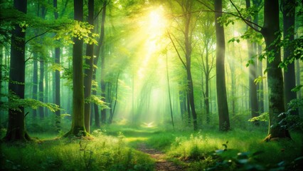 Obraz premium A serene forest scene with a green background and blurred light highlights from within the foliage, soft light, tree shapes