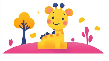 Adorable giraffe cartoon in whimsical setting vector art featuring playful animation and cute design for kids and children illustration template