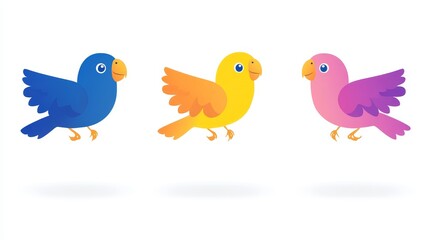 Fototapeta premium Colorful pixelated avian trio in blue yellow and pink delightful digital birds for playful designs and cheerful kids themed illustrations