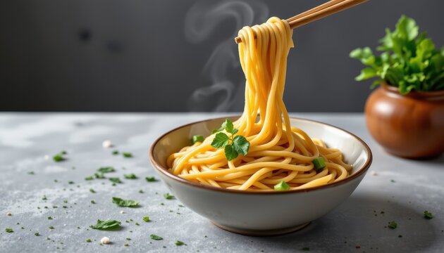 Tempting soba noodles in the clean corner on a fog gray background, in a clean food photography style, with misty light radiance, spacious layout, high resolution
