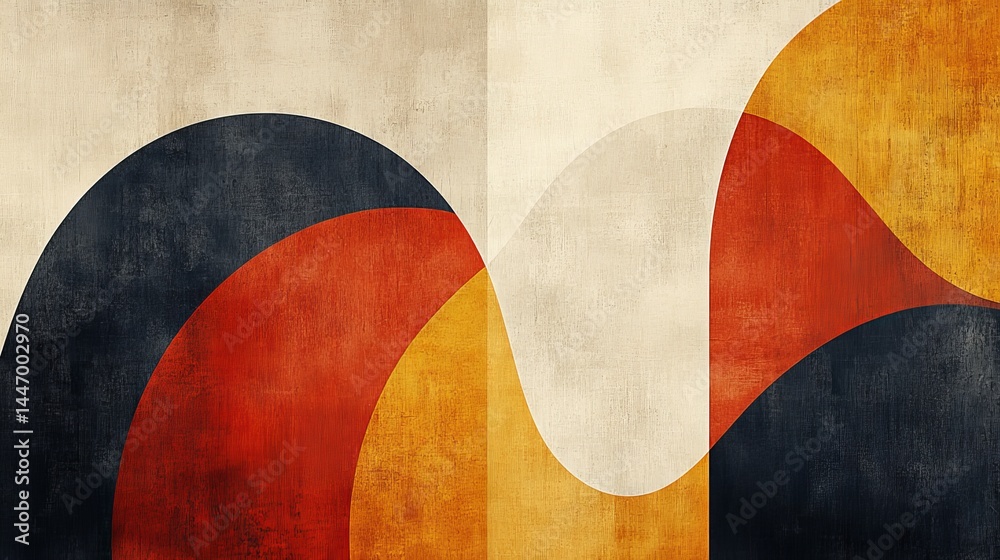 Poster abstract geometric composition with overlapping semicircles and textured surface, creating harmoniou