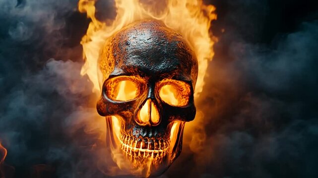 A haunting skull ablaze in flickering inferno surrounded by enigmatic smoke symbolizing mortality and the transience of life in a dramatic spectacle