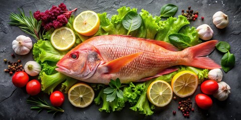 Fresh red snapper fillet placed on a dark background with a variety of fresh salad greens surrounding it, showcasing its vibrant colors and appealing texture, food, salad