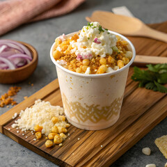 cup with delicious esquites on wooden board