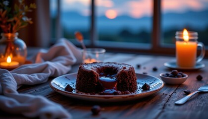 Tempting chocolate lava cake in the cozy corner on a twilight background, in a clean food photography style, with moody dessert radiance, spacious layout, high resolution