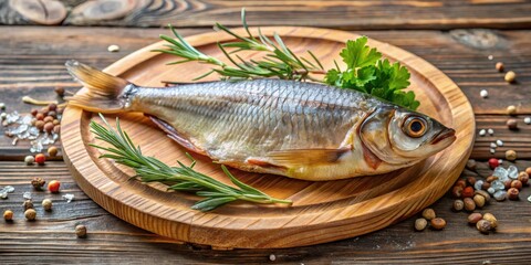 Small dried fish with scales and fins exposed, on a wooden plate with herbs, herb garnish, culinary art,  herb garnish