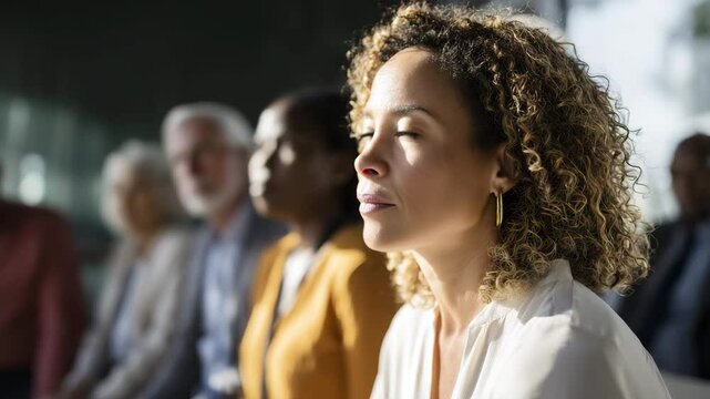 A thoughtful woman gazes into the distance amidst a gathering of people, embodying introspection and the quest for deeper understanding in a bustling environment.