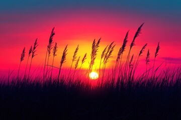 Vibrant sunset through tall grass creating a beautiful and colorful silhouette