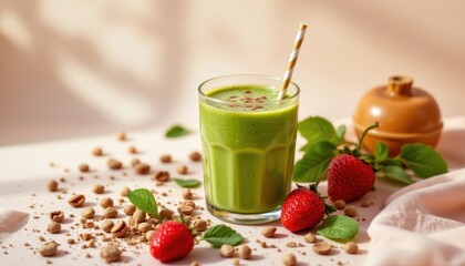 Tempting green smoothie in the airy corner on a pale sky background, in a clean food photography style, with golden bounce radiance, spacious layout, high resolution