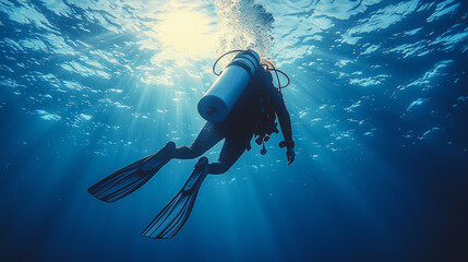 diver with oxygen tank swims gracefully underwater, surrounded by sunlit blue water