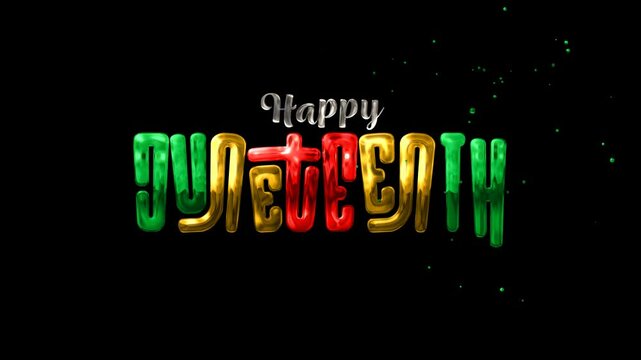Happy Juneteenth text animation with sparkling four colors effect and transparent background. Ideal for commemorating freedom, cultural pride, and community celebration content.