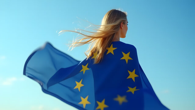 Woman Wrapped in European Union Flag Looking at Clear Blue Sky