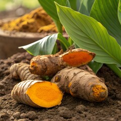 Close-up View of Fresh Turmeric Roots (Curcuma longa) with Bright Orange Flesh, Harvested Turmeric, Organic Root, Fresh Spices, Healthy Turmeric, Agricultural Farming, Natural Herbs, Root Vegetables
