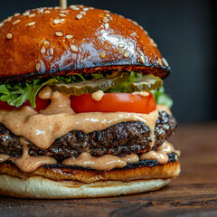 Juicy burger with sesame bun, lettuce, tomato, pickles, and creamy sauce on wooden table