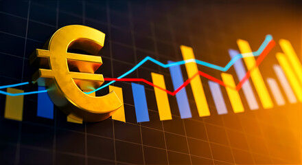golden euro symbol with rising and financial trends