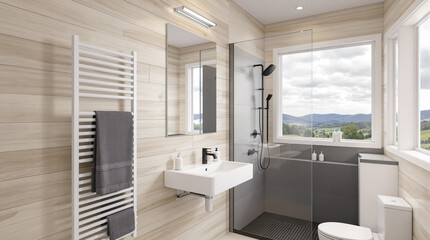 Fototapeta premium modern bathroom with light wood paneling and a walk-in shower overlooking a scenic view