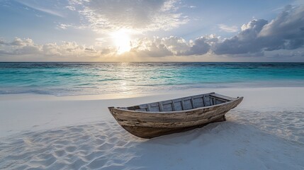 Tranquil beach sunset with weathered boat