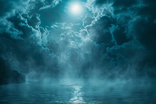 Ethereal and mysterious atmosphere in appealing  lagoon with misty waters, moonlight breaking through dramatic clouds, and appealing  sense of otherworldly energy    
