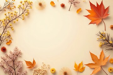 Obraz premium Autumn composition. Paper blank, dried flowers and leaves on pastel beige background. Autumn, fall concept. Flat lay, top view with copy space