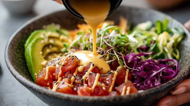 An appetizing poke bowl filled with fresh ingredients including diced tuna, avocado, and colorful vegetables, drizzled with a creamy sauce for a healthy meal option.