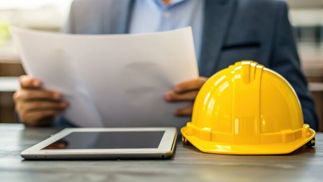 A person reviews documents while seated at a table with a yellow hard hat and tablet, suggesting a construction or safety-related context.