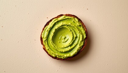 Tempting smashed avocado in the casual corner on a light taupe background, in a clean food photography style, with ambient overhead radiance, spacious layout, high resolution