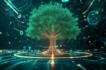 Digital Tree Design with Glowing Effects and Futuristic Aesthetics