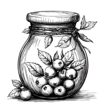 recommend clip art: Berries in glass jar, hand-drawn sketch