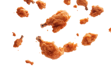 Fried chicken pieces suspended against black background. Focus on texture, and warm colors