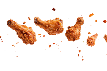 Crispy fried chicken drumsticks levitate against a black backdrop, creating a savory delight
