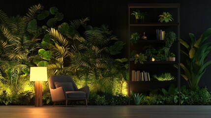Fototapeta premium An illuminated modern interior decorated with diverse greenery plants