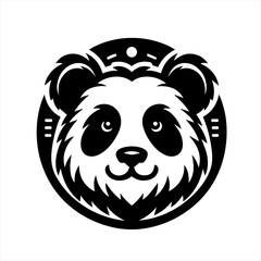 Cute panda head vector illustration in modern black and white style, symmetrical and cartoon-like design perfect for logos, mascots, stickers, or children’s themes.