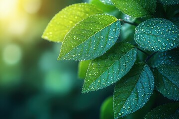Fototapeta premium Fresh green leaves glistening with water droplets after a rain shower in soft light