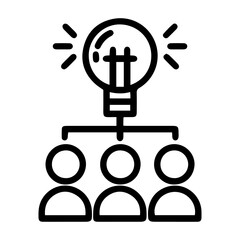 One idea (outline style). This image depicts a lightbulb above three people, symbolizing a bright idea or brainstorming session. It represents collaboration, teamwork, and generation of new concepts
