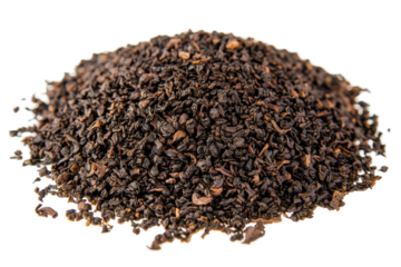 Dark pile of loose tea leaves, exhibiting varied shades of brown and black on black bg