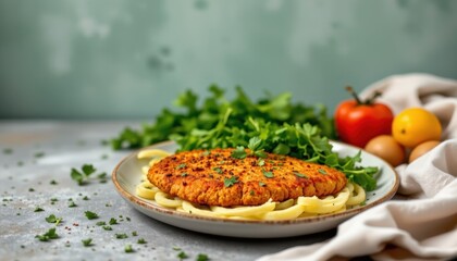 Tempting chicken schnitzel in the moody corner on a herb green background, in a clean food photography style, with moody kitchen radiance, spacious layout, high resolution