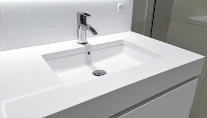 Fototapeta premium A sleek, white porcelain sink elegantly rests atop a modern bathroom counter, surrounded by stylish fixtures and soft, ambient lighting.