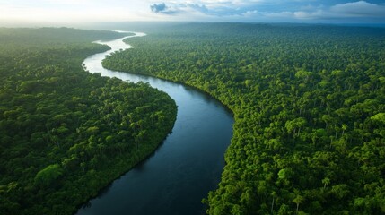 An aerial view of the Amazon River, its twisting waters weaving through the dense jungle,