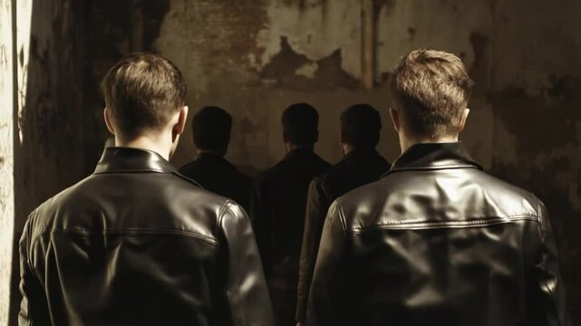 Menacing group advancing through desolate urban space, leather jackets and mystery