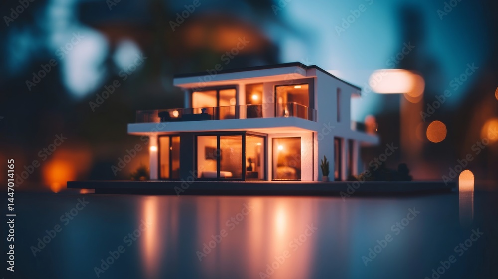 Poster close-up shot of a miniature villa with intricate details, softly illuminated, resting on a wooden t